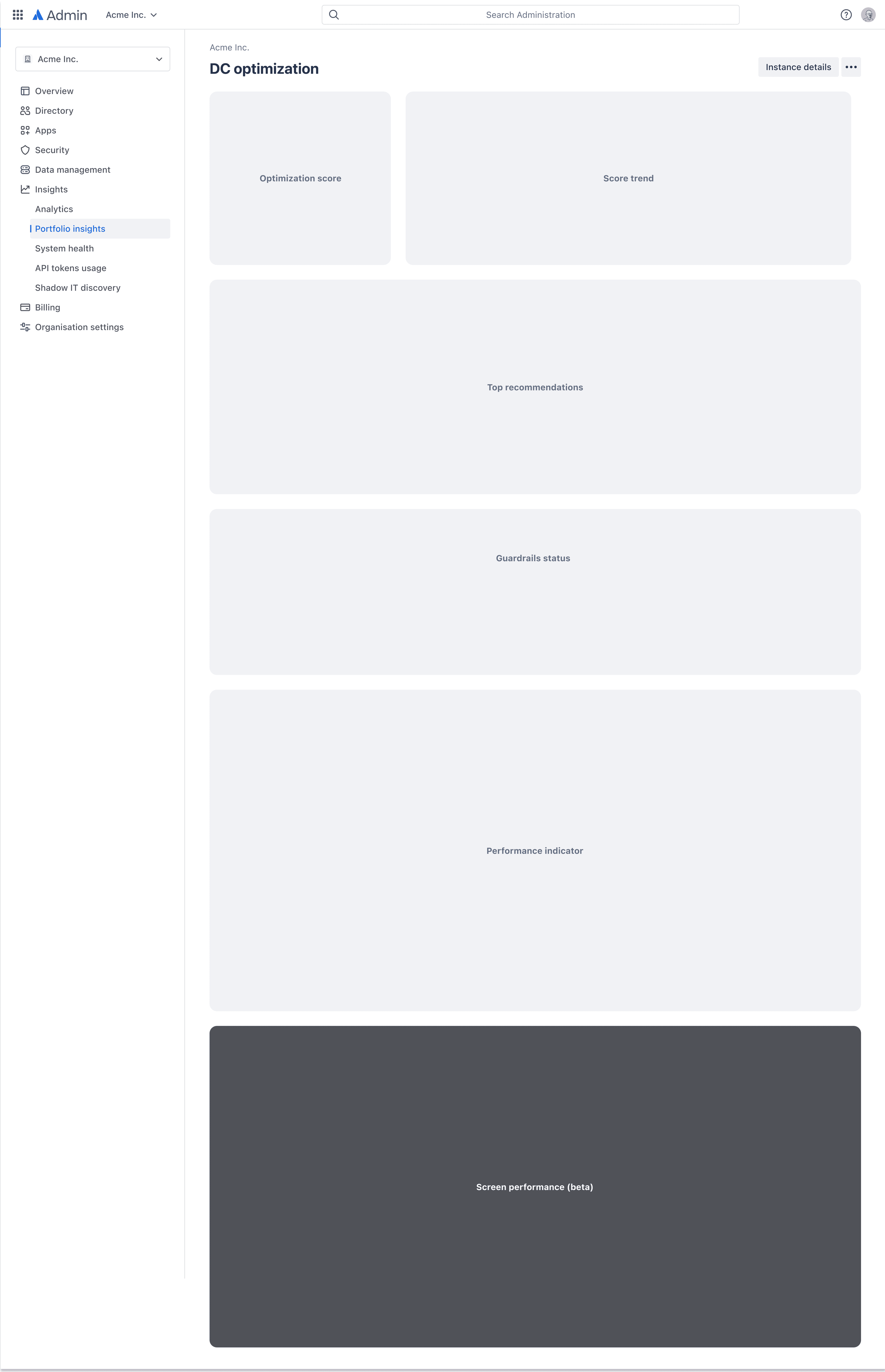 An early wireframe of the DC optimization page: unlabeled grey layout blocks for optimization score, score trend, top recommendations, guardrails status, performance indicator and a screen performance section