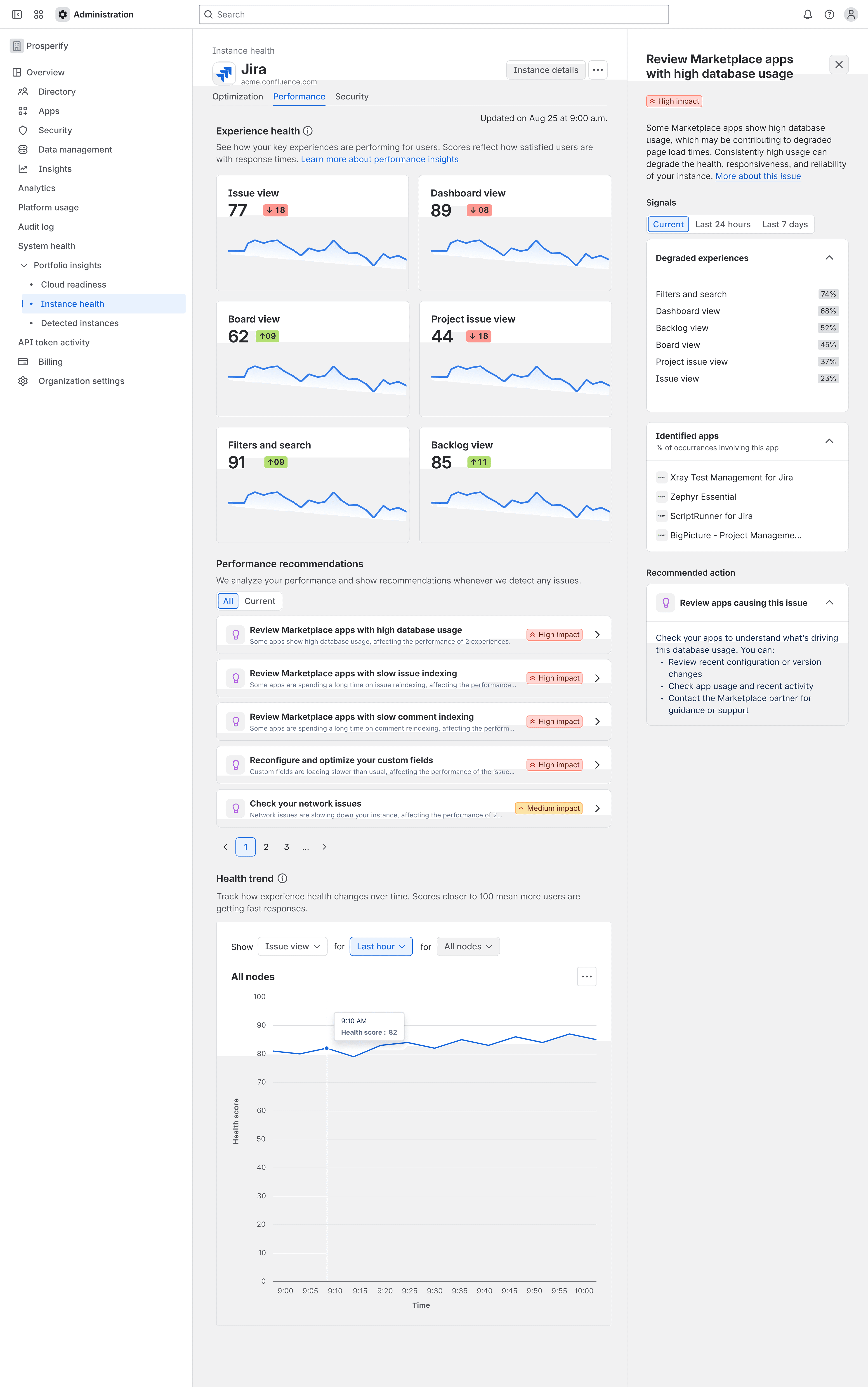 One recommendation expanded into a detail panel showing degraded experiences by percentage, identified apps, and a recommended action